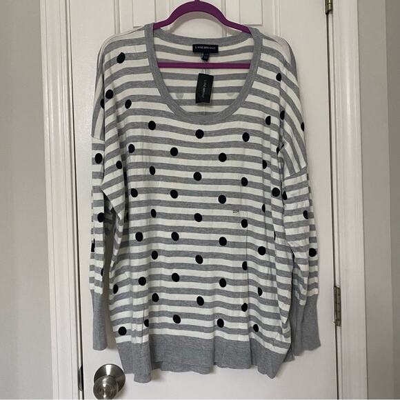 LANE BRYANT • Gray + White Stripe Polkadot Scoop Neck Knit Sweater - Picture 2 of 7